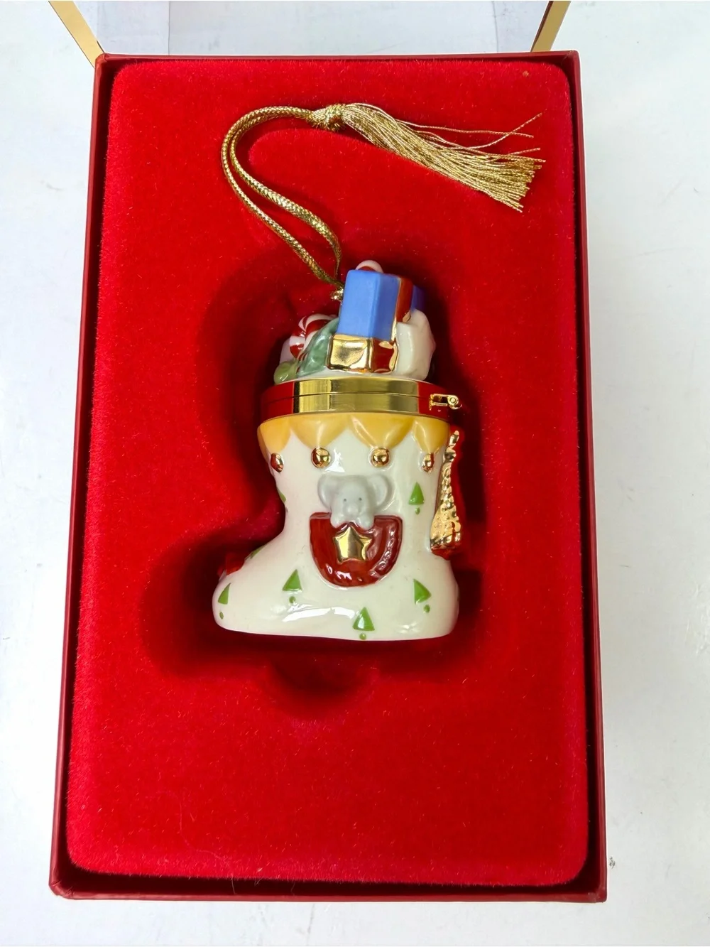 VTG Lenox Christmas Stocking Hinged Porcelain Trinket Box Ornament with/Box NOS